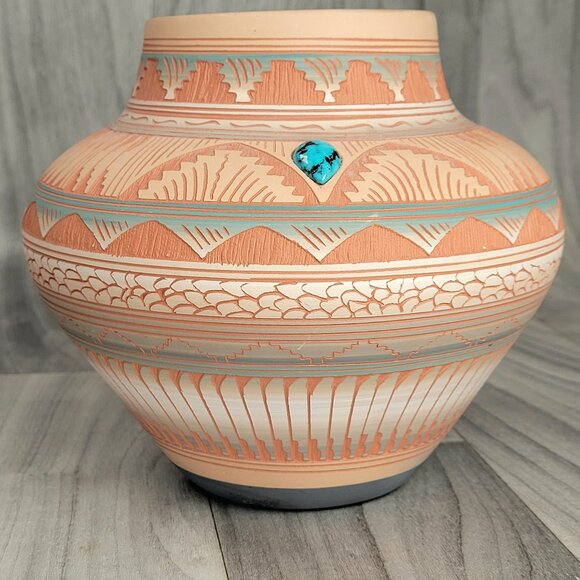 Michael Charlie Other - Michael Charlie Pottery Southwest Vase Navajo Native American Etched 6"H 7"W